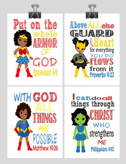 African American Christian Superhero Nursery Decor Art Print Set of 4 -Wonder Woman, Catgirl, Supergirl and Hulk