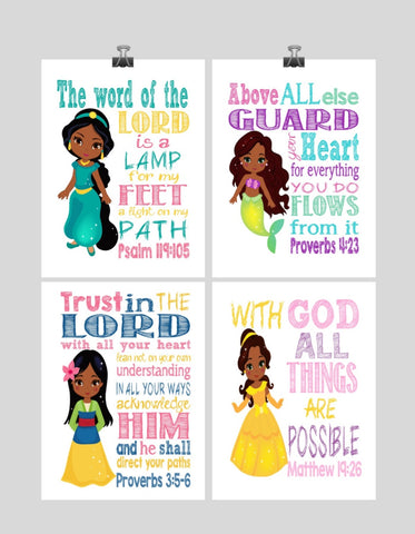 African American Princess Set of 4 - Christian Nursery Decor Wall Art Print - Ariel, Jasmine, Belle, Mulan