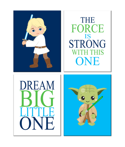 Star Wars Nursery Decor Set of 4 Prints, Yoda and Luke Skywalker, Dream Big Little Jedi, The Force Is Strong With This One