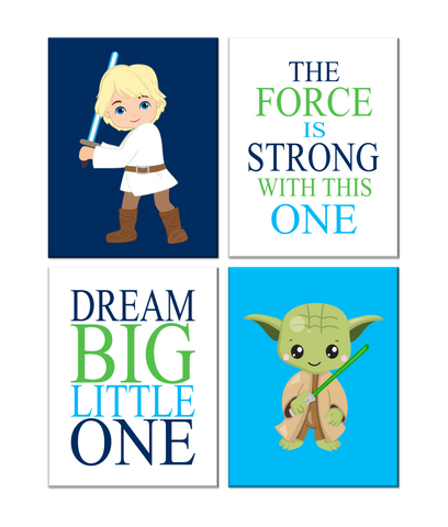 Star Wars Nursery Decor Set of 4 Prints, Yoda and Luke Skywalker, Dream Big, The Force Is Strong With This One