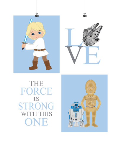 Star Wars Nursery Decor Set of 4 Prints - Luke Skywalker, Love, R2D2, C3PO, The Force is Strong with this One
