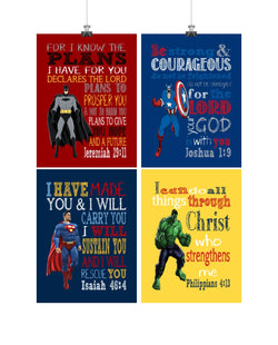 Superhero Christian Nursery Decor Art Set of 4 Prints Batman, Captain America, Superman and Hulk