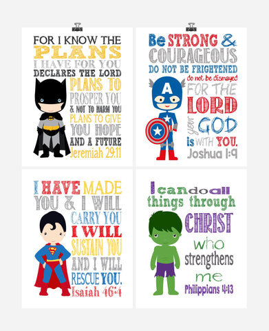 Superhero Christian Nursery Decor Art Print Set of 4 - Batman, Captain America, Superman and Hulk