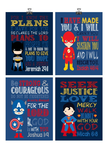 Superhero Christian Nursery Decor Art Set of 4 Prints - Batman, Captain America, Superman and Flash
