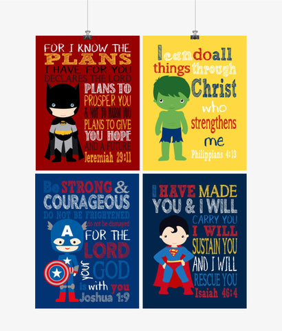 Superhero Christian Nursery Set of 4 Prints Featuring Batman, Captain America, Superman and Hulk