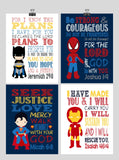 Superhero Christian Nursery Decor Set of 4 Prints, Batman, Superman, Spiderman & Ironman with Bible Verses