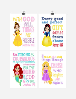 Princess Christian Nursery Decor Set of 4 Unframed Prints Belle, Snow White, Ariel Rapunzel with Bible Verses