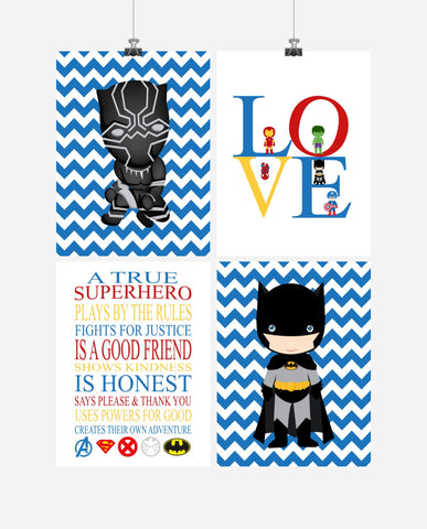 Superhero Rules Nursery Decor Set of 4 Prints - Love, Black Panther, Batman, Superhero Rules