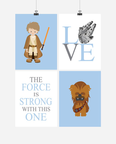 Star Wars Nursery Decor Set of 4 Prints - Luke Skywalker, Love, Chewbacca, The Force is Strong with this One