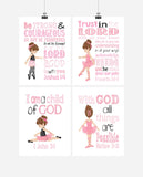 Ballerina Christian Nursery Decor Set of 4 Prints - Brunette Ballerinas in Pink