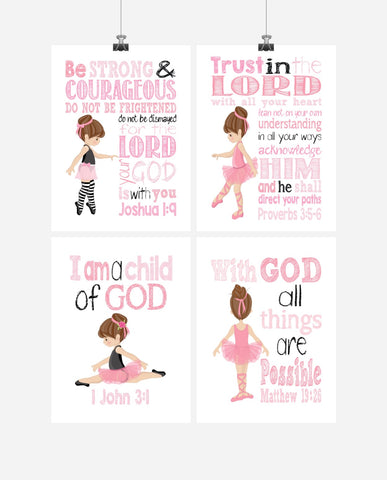 Ballerina Christian Nursery Decor Set of 4 Prints - Brunette Ballerinas in Pink