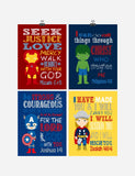 Christian Superhero Nursery Decor Art Print Set of 4 -Captain America, Ironman, Thor and Hulk