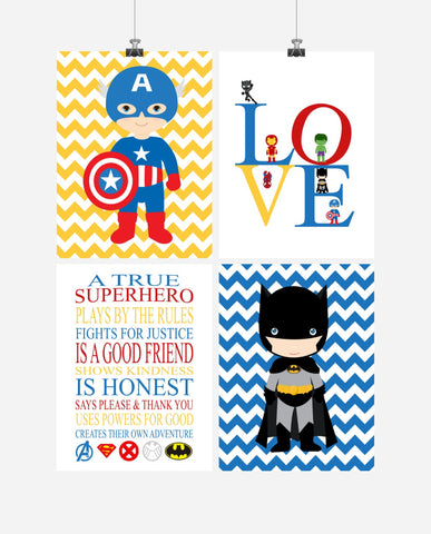 Superhero Rules Nursery Decor Set of 4 Prints - Love, Captain America, Batman