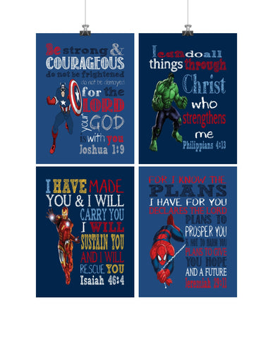 Superhero Christian Nursery Decor Set of 4 Prints - Captain America, Hulk, Ironman and Spiderman