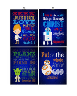 Space Wars Christian Nursery Decor Set of 4 Unframed Prints Luke Skywalker, Yoda, BB-8 and R2D2 with Bible Verses