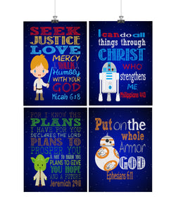 Star Wars Christian Nursery Art Decor Set of 4 Prints, Luke Skywalker, Yoda, BB-8 and R2D2 with Bible Verses