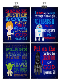 Space Wars Christian Nursery Set of 4 Unframed Prints, Luke Skywalker, Yoda, Darth Vader and R2D2 with Bible Verses