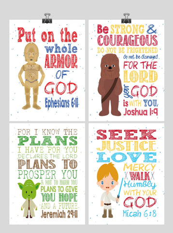 Space Wars Christian Nursery Decor Set of 4 Unframed Prints with Luke Skywalker, Yoda, C-3PO, Chewbacca
