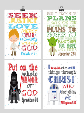 Star Wars Christian Nursery Decor Set of 4 Prints with Luke Skywalker, Yoda, Darth Vader and R2D2