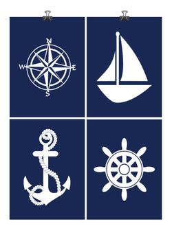 Nautical Nursery Art Home Decor Print Set of 4 - Navy Blue Rose Compass Sailboat Anchor Wheel