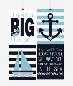 Nautical Nursery Decor Set of 4 Art Prints - Dream Big Little One