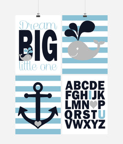Nautical Nursery Decor Set of 4 Art Prints - Dream Big Little One