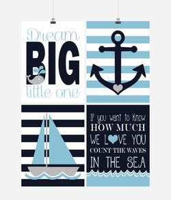 Nautical Nursery Decor Set of 4 Art Prints - Dream Big Little One