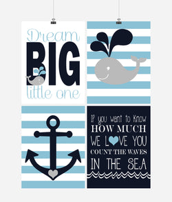 Nautical Nursery Decor Set of 4 Art Prints - Dream Big Little One