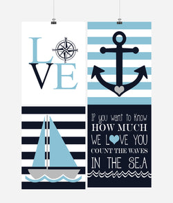 Nautical Nursery Decor Set of 4 Prints - If You Want to Know How Much We Love You Count the Waves in the Sea