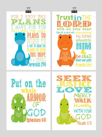 Dinosaur Christian Nursery Decor Set of 4 Prints - Tyrannosaurus Rex, Diplodocus, Stegosaurus and Triceratops