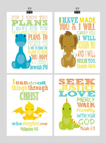 Dinosaur Christian Nursery Decor Set of 4 - Diplodocus, Woolly Mammoth, Stegosaurus and Pterodactyl