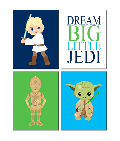 Star Wars Nursery Decor Set of 4 Prints, Yoda, C3PO and Luke Skywalker, Dream Big Little Jedi