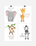 Safari Animals Motivational Nursery Art Print Set of 4 - Elephant Giraffe Zebra Monkey