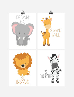 Safari Animals Motivational Nursery Art Print Set of 4 - Elephant Giraffe Zebra Lion - Multiple Sizes