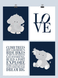 Boys Nursery Quotes Typography Nursery Decor Set of 4 Prints - Elephant in Navy and Gray, Love and Rules for Boys