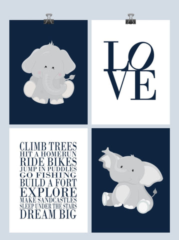 Boys Nursery Quotes Typography Nursery Decor Set of 4 Prints - Elephant in Navy and Gray, Love and Rules for Boys