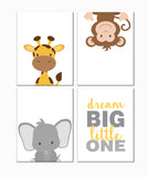 Jungle Safari Animals Nursery Art Set of 4 Prints - Elephant, Giraffe, Monkey, Dream Big Little One