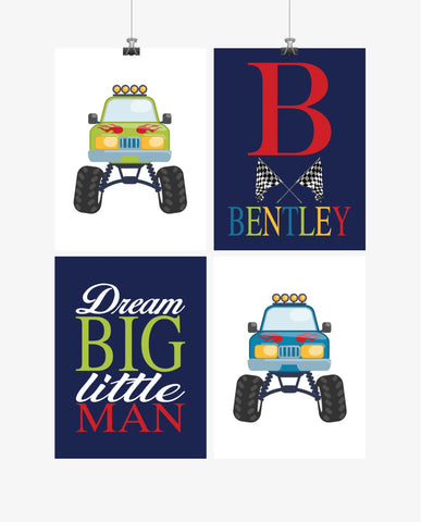 Personalized Monster Trucks Kids Room Prints Set of 4 Dream Big Little Man