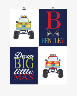 Personalized Monster Trucks Kids Room Prints Set of 4 Dream Big Little Man