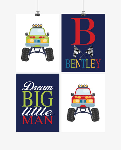 Personalized Monster Trucks Kids Room Prints Set of 4 Dream Big Little Man
