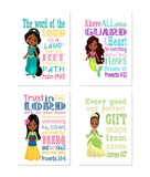 African American Princess Christian Nursery Decor Set of 4 Prints, Ariel, Jasmine, Tiana and Mulan with Bible Verses