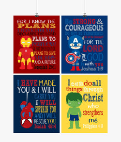 Christian Superhero Nursery Decor Set of 4 Prints - Ironman, Captain America, Spiderman and Hulk with Bible Verses