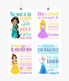 Christian Princess Nursery Decor Set of 4 Printables, Jasmine, Aurora, Belle and Elsa with Bible Verses - Instant Download
