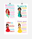 Princess Set of 4 - Christian Nursery Decor Wall Art Print - Ariel, Jasmine, Elena and Belle