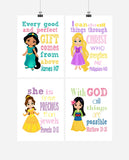 Princess Christian Nursery Decor Set of 4 Prints, Rapunzel, Jasmine, Belle and Mulan with Bible Verses