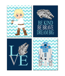 Star Wars Nursery Decor Set of 4 Prints, Be Kind, Be Brave, Dream Big, Love, Luke Skywalker and R2D2