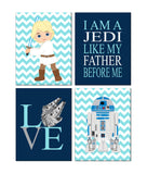 Star Wars Nursery Decor Set of 4 Prints, I Am A Jedi Like My Father Before Me, Love, Luke Skywalker and R2D2