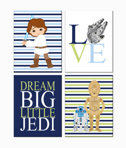 Space Wars Nursery Decor Set of 4 Unframed Prints, Dream Big Little Jedi, Love, Luke Skywalker, C3PO and R2D2 in Sage, Navy and White