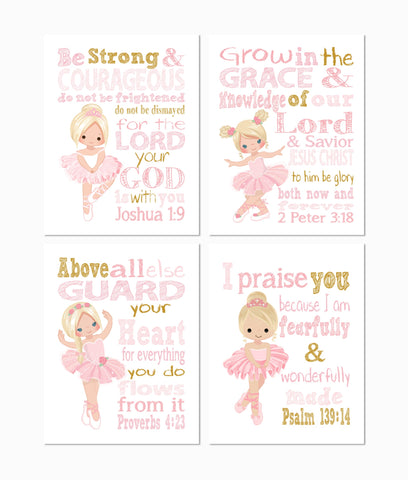 Blonde Ballerina Christian Nursery Decor Set of 4 Prints in Pink and Gold with Bible Verses