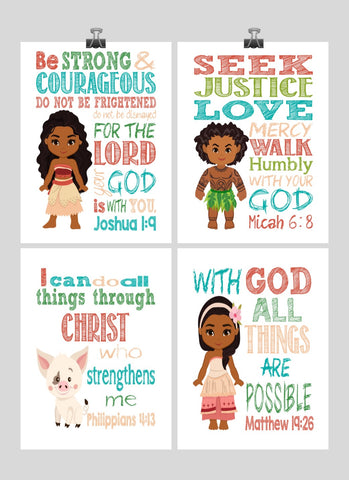 Moana Christian Nursery Decor Wall Art Set of 4 Prints - Moana, Pua, Maui and Sina